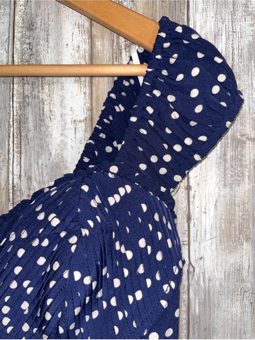 Lulus NWT Navy Polka Dot Pleated Bustier Crop Top Puff Sleeve L - Picture 3 of 6